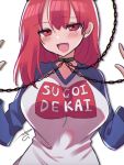  1girl :d bangs blush breasts chain choker commentary_request fang hecatia_lapislazuli highres large_breasts long_hair long_sleeves looking_at_viewer meme_attire open_mouth raglan_sleeves red_eyes redhead signature skin_fang smile smug solo sugoi_dekai touhou tsukihin upper_body 