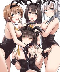  4girls absurdres akizuki_(kantai_collection) alternate_costume animal_ears black_hair black_legwear black_leotard blue_eyes blush braid breasts brown_eyes brown_hair bunnysuit closed_mouth collarbone detached_collar eyebrows_visible_through_hair fake_animal_ears grey_eyes hair_flaps hair_ornament hatsuzuki_(kantai_collection) headband highres kantai_collection kiritto leotard long_hair looking_at_viewer medium_breasts multiple_girls pantyhose propeller_hair_ornament rabbit_ears short_hair silver_hair simple_background small_breasts smile suzutsuki_(kantai_collection) teruzuki_(kantai_collection) twin_braids upper_body white_background wrist_cuffs 