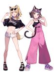  2girls :q animal_ears armpits bare_shoulders black_bra black_shirt blonde_hair bra brown_hair cat_ears cat_girl cat_tail closed_mouth clothes_writing collarbone colored_inner_hair crop_top crop_top_overhang eyewear_on_head fox_ears fox_girl fox_tail full_body hand_on_hip hand_up heart heart-shaped_eyewear jumpsuit kmnz long_legs looking_at_viewer mc_lita mc_liz midriff multicolored_hair multiple_girls navel off-shoulder_shirt off_shoulder one_eye_closed pink_eyes ponytail sandals shirt short_hair short_shorts short_sleeves shorts shugao simple_background stomach sunglasses tail thighs toenail_polish tongue tongue_out underwear violet_eyes virtual_youtuber w white_background white_shorts 