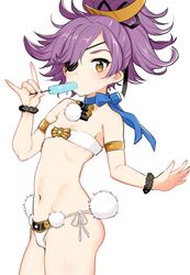  1girl \n/ armlet asymmetrical_bangs bandeau bangs bikini black_ribbon blue_choker blue_ribbon bracelet breasts brown_eyes choker commentary cowboy_shot crescent crescent_hair_ornament date_masamune_(eiyuu_senki) eating eiyuu_senki eiyuu_senki_ww eyepatch food hair_ornament hair_ribbon highres holding holding_food jewelry long_hair looking_at_viewer messy_hair nakasone_haiji navel pom_pom_(clothes) ponytail popsicle ribbon ribbon_choker side-tie_bikini simple_background small_breasts solo standing swimsuit white_background white_bikini 