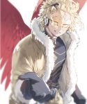  1boy alternate_costume beard blonde_hair blurry blurry_background boku_no_hero_academia coat deavor_lover facial_hair feathered_wings feathers fur_trim gloves hawks_(boku_no_hero_academia) highres looking_at_viewer male_focus pov shirt smile upper_body wings yellow_eyes 