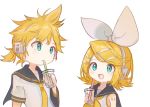  1boy 1girl absurdres aqua_eyes bangs bare_shoulders bass_clef black_collar blonde_hair bow bubble_tea chibi collar commentary cup disposable_cup drink drinking_straw hair_bow hair_ornament hairclip headphones highres holding holding_cup holding_drink kagamine_len kagamine_rin looking_at_another neckerchief necktie note55885 open_mouth raised_eyebrow sailor_collar school_uniform shirt short_hair short_ponytail short_sleeves shoulder_tattoo sleeveless sleeveless_shirt smile spiky_hair swept_bangs tattoo treble_clef upper_body vocaloid white_background white_bow white_shirt yellow_neckwear 