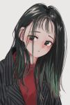  1girl black_hair blush brown_eyes green_hair grey_jacket head_tilt highres jacket long_hair looking_at_viewer multicolored_hair nadegata original red_shirt shirt simple_background solo streaked_hair striped_jacket white_background 