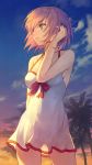  1girl 7aehyun bangs bare_shoulders beach blue_sky breasts collarbone dress_swimsuit fate/grand_order fate_(series) gradient_sky hair_over_one_eye hand_in_hair highres large_breasts lavender_hair mash_kyrielight orange_sky palm_tree short_hair sky smile sunset swimsuit swimsuit_of_perpetual_summer tree twilight violet_eyes white_swimsuit 