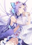  1girl blue_eyes butterfly_hair_ornament detached_sleeves dress floating_hair flower hair_flower hair_ornament hands_together highres horns long_hair looking_at_viewer looking_down lotus midriff midriff_cutout misoni_comi navel original purple_dress purple_hair single_horn single_sleeve sitting solo 