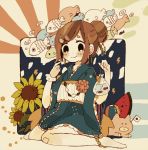  156m 1girl ball bandage_on_knee beachball black_eyes blush brown_hair earrings fish flower food fruit hair_bun hair_ornament hairclip highres japanese_clothes japanese_flag jewelry kimono mini_flag original pig scrunchie short_kimono short_yukata sitting smile summer sunflower wariza watermelon wrist_scrunchie yukata 