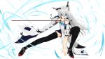  1girl animal_ears azur_lane bangs black_legwear black_sailor_collar blue_eyes blue_neckwear commentary crossed_bangs detached_sleeves fox_ears fox_girl gray_fox highres holding holding_sword holding_weapon kawakaze_(azur_lane) kome5-56 long_hair metal_gear_(series) metal_gear_solid object_namesake parody ribbon-trimmed_clothes ribbon-trimmed_sleeves ribbon_trim sailor_collar sword thigh-highs weapon 