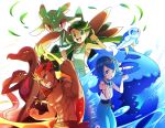  1boy 2girls :d :o abs bangs black_hair blue_eyes blue_hair blue_sailor_collar clenched_teeth collarbone commentary_request dark_skin dark_skinned_male fire flower gen_7_pokemon green_eyes green_hair hair_flower hair_ornament hairband hands_up kaki_(pokemon) leaf lobolobo2010 long_hair looking_at_viewer lurantis mallow_(pokemon) multicolored_hair multiple_girls no_sclera one-piece_swimsuit open_mouth pokemon pokemon_(creature) pokemon_(game) pokemon_sm redhead sailor_collar salazzle shirt shirtless short_hair sleeveless smile suiren_(pokemon) swept_bangs swimsuit swimsuit_under_clothes teeth tongue trial_captain twintails water wishiwashi wishiwashi_(school) wishiwashi_(solo) 