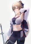  1girl absurdres arm_up armpits black_legwear breasts brown_hair choker commentary_request contrapposto cowboy_shot furen_e_lustario hair_ribbon highres jacket large_breasts long_hair looking_at_viewer me/r midriff navel nijisanji nintendo_switch off_shoulder open_clothes open_jacket pantyhose pink_eyes ponytail ribbon ring_fit_adventure short_shorts shorts sidelocks simple_background solo sports_bra sweat sword towel weapon 