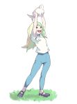  1girl :d animal blonde_hair blue_pants commentary diana_cavendish english_commentary full_body green_hair grey_footwear hands_above_head hands_up holding holding_animal little_witch_academia multicolored_hair open_mouth pants rabbit shirt shoes short_sleeves simple_background smile solo two-tone_hair vins-mousseux white_background white_shirt 