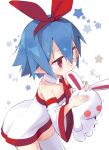  1girl blue_hair chewing disgaea eating hair_ribbon highres holding mg_mg original pleinair pointy_ears red_eyes red_ribbon ribbon sala_mander short_hair stuffed_toy thigh-highs usagi-san white_hoodie white_legwear 