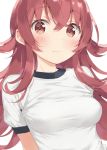  1girl blush breasts commentary_request highres idolmaster idolmaster_shiny_colors komiya_kaho long_hair looking_at_viewer peko red_eyes redhead shirt small_breasts solo tight_shirt upper_body white_background white_shirt 
