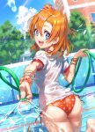  1girl :d barefoot bikini blue_eyes blue_sky bracelet clouds commentary_request dated day gym_uniform hair_ornament hair_scrunchie highres hose jewelry kousaka_honoka looking_at_viewer looking_back love_live! love_live!_school_idol_project open_mouth orange_hair outdoors scrunchie shirt short_hair side_ponytail signature sky smile soles solo star_(symbol) swimsuit teeth upper_teeth water wedo wet wet_clothes wet_shirt 