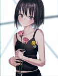  1girl absurdres belt black_belt black_camisole black_hair blurry blurry_background blush camisole closed_mouth fingernails flower grey_eyes head_tilt highres holding holding_flower looking_at_viewer nadegata original pants pin red_flower red_rose rose short_hair smiley_face solo upper_body 