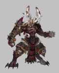  1boy armor bare_chest belt claws crack demon extra_eyes fangs fur_trim gauntlets glowing gradient gradient_background highres horns japanese_armor knee_pads konghai_shanren male_focus monster muscle open_mouth orange_eyes original pauldrons red_eyes ribs sharp_teeth shoulder_armor sketch skull slit_pupils solo standing talons teeth tongue tusks vambraces white_hair 