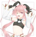  1boy ;d animal_ears artist_name astolfo_(fate) astolfo_(saber)_(fate) bangs bare_shoulders black_bow black_gloves black_headwear bow commentary_request detached_sleeves eyebrows_visible_through_hair fake_animal_ears fate/grand_order fate_(series) gloves highres long_hair low_twintails midriff mizuki_(s0511) multicolored_hair navel one_eye_closed open_mouth otoko_no_ko pink_eyes pink_hair rabbit_ears simple_background smile solo streaked_hair teeth twintails upper_body white_hair wing_collar 