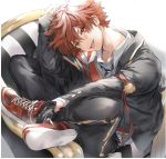  1boy ace_trappola black_gloves chair facial_tattoo gloves hair_between_eyes highres jacket looking_at_viewer male_focus necktie open_mouth orange_hair red_eyes redhead school_uniform shoes short_hair sitting smile sneakers tattoo tongue tongue_out twisted_wonderland twst_aaa 