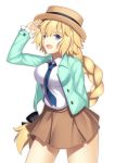  1girl :d bangs black_bow blonde_hair blue_eyes blue_jacket blue_neckwear bow braid braided_ponytail breasts brown_skirt collared_shirt cowboy_shot eyebrows_visible_through_hair fate/apocrypha fate_(series) floating_hair hair_between_eyes hair_bow hat jacket jeanne_d&#039;arc_(fate) jeanne_d&#039;arc_(fate)_(all) long_hair long_sleeves medium_breasts miniskirt mishiro0229 necktie open_clothes open_jacket open_mouth pleated_skirt ponytail salute shiny shiny_hair shirt simple_background skirt smile solo standing very_long_hair white_background white_shirt wing_collar 
