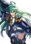  1girl absurdres ahoge armor character_request closed_mouth elbow_gloves gloves green_hair hair_between_eyes highres holding holding_weapon long_hair looking_at_viewer nakamura_eight red_eyes shinrabanshou simple_background smile solo thigh-highs v-shaped_eyebrows very_long_hair weapon white_background 