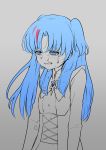  1girl absurdres blue_hair brooch chtholly_nota_seniorious crying flat_chest grey_background highres jewelry long_hair long_sleeves mountain_han multicolored_hair simple_background solo spot_color streaked_hair tears two_side_up upper_body 