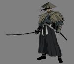  1boy beard black_footwear black_gloves bracer clenched_hand facial_hair full_body gloves grey_background hat holding holding_sword holding_weapon japanese_clothes katana long_hair original rice_hat samurai solo suzushiro_(suzushiro333) sword weapon 