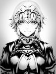  1girl bangs braid breasts chain closed_mouth eyebrows_visible_through_hair fate/apocrypha fate/grand_order fate_(series) greyscale headpiece highres jeanne_d&#039;arc_(fate) jeanne_d&#039;arc_(fate)_(all) large_breasts long_braid looking_at_viewer monochrome mugetsu2501 single_braid smile 