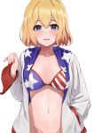 1girl american_flag american_flag_bikini american_flag_print ayul_(ayulneri_92) bangs bikini blonde_hair blue_eyes blush commentary_request crossed_bangs eyebrows_visible_through_hair flag_print hair_between_eyes hand_in_pocket highres jacket kanojo_okarishimasu looking_at_viewer nanami_mami navel open_mouth print_bikini short_hair stomach swimsuit white_background white_jacket