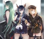  3girls animal_ears arknights bangs bare_shoulders black_gloves black_headwear black_jacket black_shirt blonde_hair blue_hair breasts ch&#039;en_(arknights) dragon_horns dragon_tail drill_hair gloves green_eyes green_hair hair_between_eyes hat highres holding horns hoshiguma_(arknights) indoors jacket large_breasts long_hair looking_at_viewer medium_breasts multiple_girls oni_horns red_eyes shirt shorts sidelocks single_horn smile swire_(arknights) tail thigh-highs thighs tiger_ears tiger_tail white_shirt yue_(pixiv2547) 