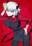 1girl arm_up bangs black_horns black_legwear breasts collared_shirt commentary demon_girl demon_horns demon_tail eyebrows_visible_through_hair hand_on_hip helltaker highres horns leaning_forward malina_(helltaker) pantyhose red_background red_eyes red_shirt shimure_(460) shirt short_hair sleeves_rolled_up solo tail v-shaped_eyebrows wavy_mouth white_hair 
