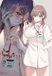  1girl bangs brown_eyes brown_hair dress gloves grey_background hair_ornament hair_over_one_eye hairclip hand_in_pocket highres id_card lanyard low_tied_hair marushin_(denwa0214) mask mole mole_under_eye nurse original pen putting_on_gloves rubber_gloves short_dress squirt_bottle thighs twintails white_dress white_gloves 