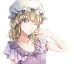  1girl alternate_costume blonde_hair closed_mouth dress eyebrows_visible_through_hair hair_between_eyes hat looking_at_viewer maribel_hearn mob_cap one_eye_closed poteimo_(poteimo622) purple_dress simple_background smile solo touhou upper_body violet_eyes white_background 