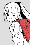  1girl ;q backpack bag bangs blunt_bangs blush commentary dot_nose from_side grey_background hair_ornament hair_scrunchie highres hitoribocchi_no_marumaru_seikatsu honshou_aru katsuwo_(cr66g) long_hair looking_at_viewer monochrome one_eye_closed pleated_skirt ponytail randoseru scrunchie shirt_tucked_in skirt solo spot_color standing tongue tongue_out upper_body 