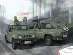  1girl 4boys ground_vehicle jeep jettoburikku military military_uniform military_vehicle motor_vehicle multiple_boys original torii truck uniform vehicle_focus 