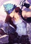  1boy belt belt_buckle buckle character_request closed_mouth collarbone commentary_request facial_scar headband highres light_blue_hair light_smile looking_at_viewer male_focus muscle nakamura_eight nose_scar puzzle_&amp;_dragons scar shirt sleeveless sleeveless_shirt yellow_eyes 