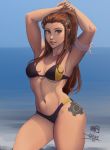  1girl armband armpits arms_up beach bikini black_bikini breasts brigitte_(overwatch) brown_eyes brown_hair collaboration colorized commentary contrapposto cowboy_shot day english_commentary hair_ornament hair_pulled_back hairclip horizon iahfy leg_tattoo light_smile lips long_hair looking_at_viewer medium_breasts navel nose ocean overwatch parted_lips ponytail pose solo standing swimsuit tattoo thick_thighs thighs toned under_boob vashperado 