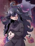  1girl @_@ ahoge bangs behind_another black_dress black_hair blush commentary_request dress embarrassed flying_sweatdrops gen_1_pokemon gengar ghost grin hair_ornament hairband hex_maniac_(pokemon) highres long_hair long_sleeves looking_at_another looking_to_the_side messy_hair nose_blush npc_trainer open_mouth own_hands_together pokemon pokemon_(creature) purple_hairband purple_sclera ribbed_sweater smile spiral_eyes sweat sweater takura_mahiro teeth violet_eyes wavy_mouth 