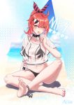  1girl absurdres beach bikini breasts candy collar collarbone crossed_legs fagun_yibei food girls_frontline high_ponytail highres lollipop medium_breasts medium_hair mp7_(girls_frontline) navel ocean red_nails redhead see-through solo swimsuit yellow_eyes 