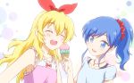  2girls aikatsu! aikatsu!_(series) bangs blonde_hair blue_eyes blue_hair blue_shirt blush bow_hairband closed_eyes collarbone feeding flat_chest food hair_between_eyes hair_ornament hair_scrunchie hairband highres hoshimiya_ichigo ice_cream ice_cream_cone jewelry kiriya_aoi long_hair looking_at_another multiple_girls necklace nicca_(kid_nicca) open_mouth pendant pink_shirt ribbon round_teeth scrunchie shirt side_ponytail sidelocks sleeveless smile teeth upper_body 