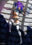  1girl absurdres bandaid bandaid_on_nose bed blanket bow breasts dclaribelle drooling highres melody_(projektmelody) navel open_mouth pillow ponytail projektmelody purple_hair short_shorts shorts sleeping small_breasts tank_top thigh-highs under_boob white_shorts 