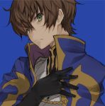  1boy blue_background brown_hair cape closed_mouth code_geass green_eyes kururugi_suzaku looking_at_viewer male_focus shirabi simple_background solo upper_body 