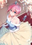  1girl :o bangs bare_shoulders bison_cangshu blue_eyes blue_shirt blurry blurry_foreground breasts brown_skirt cinderella collarbone commentary_request depth_of_field elbow_gloves eyebrows_visible_through_hair frilled_skirt frills glass_slipper gloves go-toubun_no_hanayome hair_between_eyes highres indoors looking_at_viewer medium_breasts nakano_ichika off-shoulder_shirt off_shoulder parted_lips pink_hair shirt short_sleeves skirt skirt_hold solo tiara white_gloves 