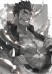  1boy abs bara beard black_hair chest dagon_(tokyo_houkago_summoners) facial_hair greyscale highres looking_at_viewer male_focus manly monochrome muscle nikism nipples pectorals smile solo tentacles tokyo_houkago_summoners wet 
