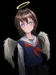  1girl absurdres angel_(nadegata) angel_wings black_background black_skirt blue_vest brown_hair closed_mouth detached_wings feathered_wings hair_intakes halo highres long_hair long_sleeves looking_at_viewer nadegata neckerchief original pleated_skirt red_neckwear sailor_collar school_uniform serafuku shirt simple_background skirt solo sweater_vest vest white_sailor_collar white_shirt white_wings wings 