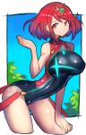  1girl bangs bent_over black_swimsuit breasts cowboy_shot dakusuta grin highres pyra_(xenoblade) large_breasts one-piece_swimsuit red_eyes redhead short_hair smile solo swept_bangs swimsuit tiara xenoblade_(series) xenoblade_2 