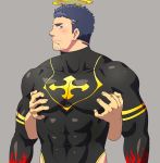  1boy bara beard black_hair blush bodysuit chest closed_mouth facial_hair fire groping halo male_focus manly muscle pectoral_grab pectorals pelvic_curtain ruizu_(takakisan503) solo_focus stubble thigh_cutout tokyo_houkago_summoners upper_body yellow_eyes zabaniya_(tokyo_houkago_summoners) 