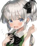  alternate_hairstyle blue_eyes blush bow bowtie embarrassed eyebrows_visible_through_hair green_vest hair_ribbon hand_on_own_chest highres konpaku_youmu looking_at_viewer open_mouth puffy_short_sleeves puffy_sleeves ribbon satoupote shirt short_sleeves silver_hair sweatdrop sword tears touhou twintails upper_body vest weapon white_background white_shirt 