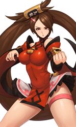 1girl absurdres bangs bare_shoulders breasts brown_eyes brown_hair china_dress chinese_clothes commentary_request covered_navel dress fighting_stance guilty_gear hair_ornament hair_ring hairclip highres kuradoberi_jam lips long_hair medium_breasts parted_bangs parted_lips pelvic_curtain red_dress sanj shiny shiny_clothes shiny_hair shiny_skin short_dress simple_background skirt sleeveless solo thigh_strap tied_hair twintails very_long_hair white_background wide_sleeves