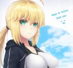  1girl ahoge artoria_pendragon_(all) bangs black_jacket blonde_hair breasts breasts_apart collarbone fate/grand_order fate_(series) green_eyes hair_between_eyes highres hood hood_down hooded_jacket jacket long_hair looking_at_viewer medium_breasts mysterious_heroine_xx_(foreigner) open_clothes open_jacket parted_lips ponytail solo swimsuit upper_body white_swimsuit zeri_(zeristudio) 