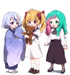  3girls :d ahoge bangs black_footwear black_skirt blonde_hair blue_hair blue_kimono blue_sailor_collar blush bow brown_footwear commentary_request crying crying_with_eyes_open dress eyebrows_visible_through_hair genderswap genderswap_(mtf) green_eyes green_hair grey_legwear hair_bow holding holding_stuffed_animal horns japanese_clothes joe_rikiichi kimono loafers long_hair long_sleeves mole mole_under_mouth multicolored_hair multiple_girls nijisanji obi oni oni_horns open_mouth pantyhose pink_hair puffy_short_sleeves puffy_sleeves red_bow red_eyes rindou_mikoto sailor_collar sailor_dress sash shadow shirt shoes short_eyebrows short_sleeves skirt sleeves_past_fingers sleeves_past_wrists smile snot socks standing streaked_hair stuffed_animal stuffed_toy tabi takamiya_rion tears teddy_bear thick_eyebrows twintails two-tone_hair violet_eyes virtual_youtuber wavy_mouth white_background white_dress white_legwear white_shirt yamabukiiro younger zouri 