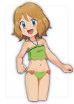  1girl blue_eyes breasts brown_hair cosplay female haruka_(pokemon) haruka_(pokemon)_(cosplay) looking_at_viewer nyonn24 open_mouth pokemon pokemon_(anime) serena_(pokemon) short_hair simple_background smile solo swimsuit 